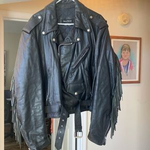 Leather motorcycle jacket with fringe
